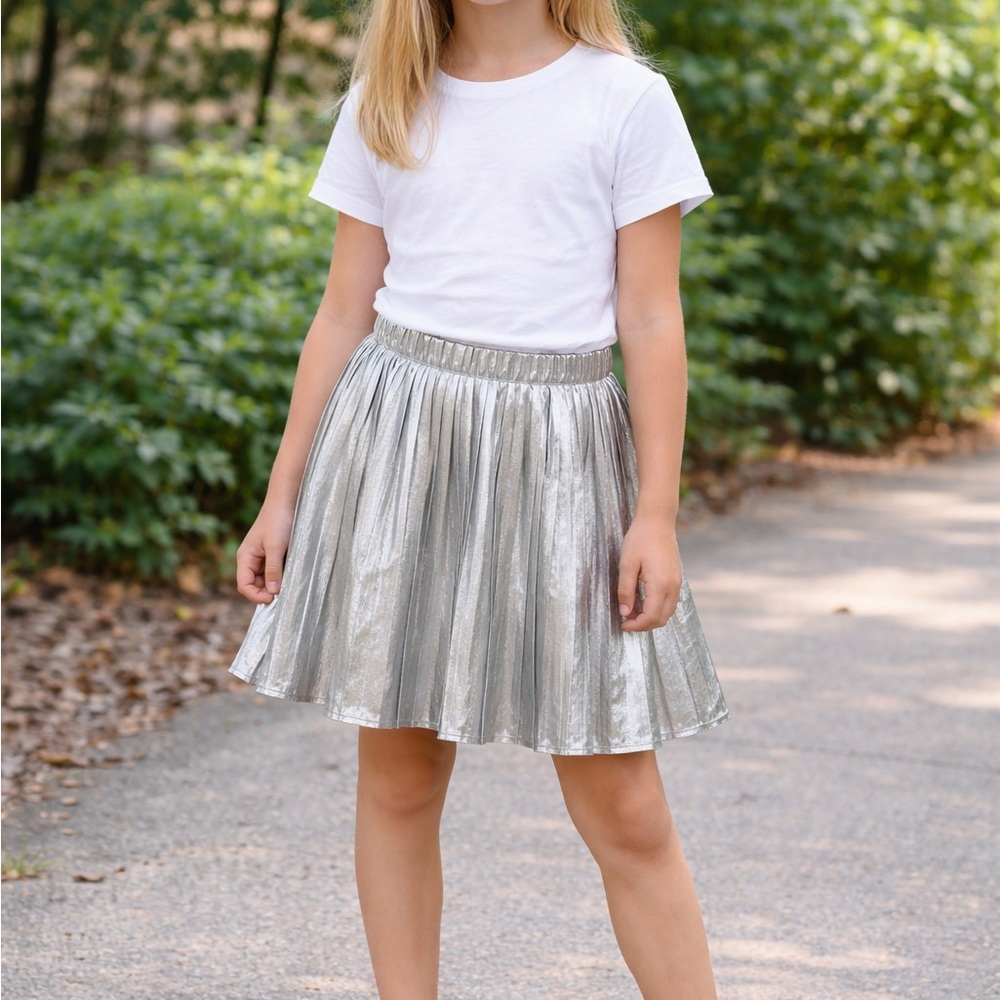 Girls Metallic Silver Pleated Skirt with Elastic Waist